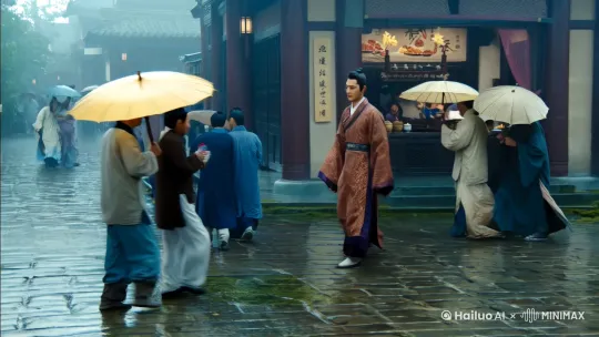 在这样一个阴雨蒙蒙的南宋临安府街头，空气中弥漫着淡淡的湿气，青石板路上泛着微光。行人匆匆而过，撑开的油纸伞在雨中摇曳，仿佛一幅流动的水墨画。

那位古装美男子，身着淡雅的锦袍，眉宇间透着几分忧郁。他缓步前行，似乎与周围的喧嚣格格不入。街边的茶馆里传来隐约的谈笑声，夹杂着茶香和糕点的甜味，但这一切似乎都无法驱散他心中的愁绪。

他或许是在思念远方的亲人，或许是在为国家的命运而忧心，又或许是在为一段逝去的感情而感伤。临安府作为南宋的都城，虽然繁华，却也无法掩盖那个时代特有的动荡与不安。

雨渐渐大了，他微微抬头，望向灰蒙蒙的天空，仿佛在寻找一丝慰藉。街角处，一个卖花的小姑娘正努力地叫卖着，她的笑容在雨中显得格外灿烂。美男子停下脚步，买了一束鲜花，或许是想借此寄托自己的思念与希望。

他继续前行，消失在雨雾中，留下的是一段关于南宋临安府的淡淡忧伤和无限遐想。 by Hailuo AI Video Generator