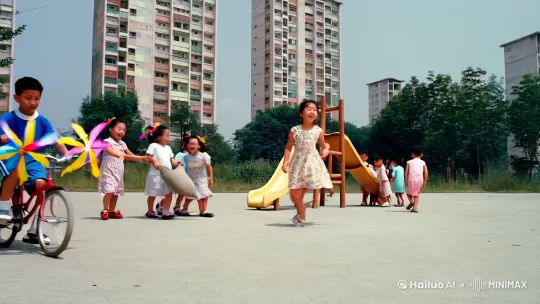户外场景：90年代的中国小镇广场，地面是水泥地，周围有一些新修建的居民楼，楼体颜色单一。广场上有几个孩子在玩耍，一个穿着宽松运动服的男孩骑着一辆小巧的自行车，车把上挂着彩色的塑料风车，风车随风转动。不远处，几个女孩穿着花裙子在玩丢沙包，她们扎着五颜六色的头绳，笑声回荡在广场上。广场一角还有个简陋的儿童滑梯，几个孩子排着队，依次爬上滑梯滑下来。9：16 by Hailuo AI Video Generator