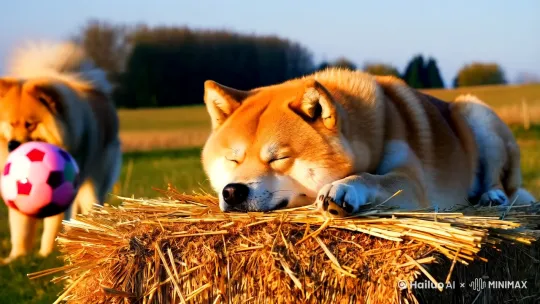 柴犬趴在草垛中睡觉，旁边一只松狮犬在玩足球 by Hailuo AI Video Generator