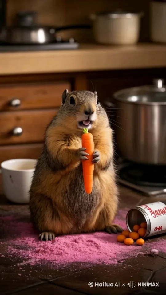 主体动作：A ground - hog releases a carrot from its paws, then stands upright with its body straight.
 
面部动作：It opens its mouth wide, turns its head 45 degrees to the right, and widens its eyes, assuming a fierce expression.
 
细节与真实感增强：Add natural fur - fluttering effects as the ground - hog moves, and simulate the slight trembling of its body muscles when standing upright for a more realistic dynamic effect. The mouth should have saliva - like details when opening, and the eyes should have a glistening effect to enhance the fierce look. by Hailuo AI Video Generator