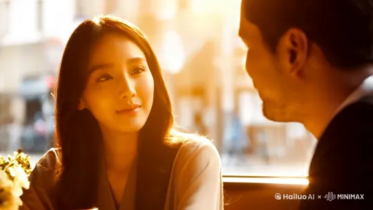 一个韩国美女坐在咖啡馆窗前，看着对面的男人有点忧伤，窗外阳光灿烂，要有电影感 by Hailuo AI Video Generator