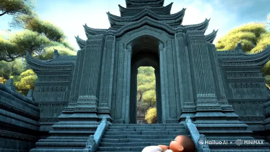 穷人小孩生下来被迫丢在寺院门口，被上香求子的商人捡到了，小孩自带彩财运，从海子到家后，商业发展顺利商业帝国不断扩大，小孩也聪明可爱，一家人和和美美[下摇] by Hailuo AI Video Generator
