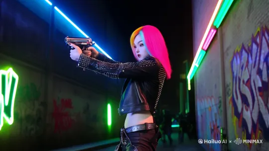 朋克背景，女孩拿着枪扫射敌人 by Hailuo AI Video Generator