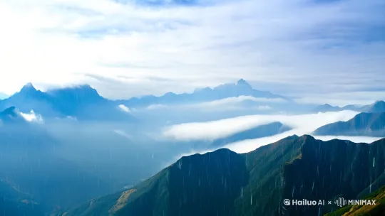 连绵不绝的山峦，时而露出，时而被云雾所遮，两三雨点时而直落，时而斜飞。一会行穿锦巷，一会又进入雪巷。一会儿看尽桃花，一会儿又看尽李花。 by Hailuo AI Video Generator