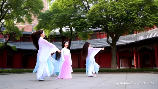 "五个身穿传统汉服的美丽中国女孩,在古色古香的校园内轻盈起舞。她们长发飘逸,妆容精致,脸上洋溢着青春的活力与笑容。背景是红墙黛瓦的教学楼,绿树成荫,营造出浓厚的学术氛围。画面采用纪实摄影风格,捕捉女孩们旋转跳跃的瞬间,展现出一种动态的和谐美。中景广角镜头,强调空间感与舞蹈的流畅线条。" by Hailuo AI Video Generator