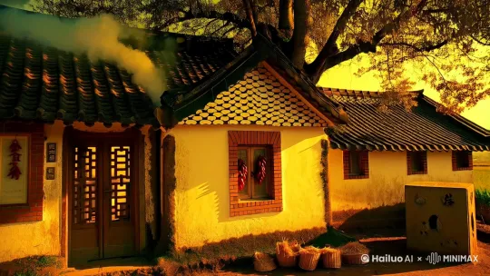 【场景基调】
复古胶片质感，色调偏暖黄泛旧，模拟上世纪60年代乡村纪录片风格，整体氛围宁静质朴，带炊烟袅袅的生活气息。

【核心元素分层描述】
1. 主体建筑：
- 近景：三间并排的瓦房（特写黑瓦鱼鳞状排列，白墙有斑驳青苔痕迹）
- 建筑细节：木格窗糊米纸，砖砌门框挂红辣椒串，泥土地面接缝处长杂草
- 光影：斜阳在瓦片上形成明暗渐变，烟囱溢出青灰色炊烟

2. 前景生态：
- 老槐树：树干需呈现龟裂纹理，树冠投影覆盖半个院坝（注意枝叶间隙光斑）
- 石磨：花岗岩材质，表面有使用形成的凹痕，残留玉米碎粒
- 黄狗动态：中华田园犬趴卧磨盘旁，尾巴轻扫尘土（重点刻画湿润鼻头反光）

3. 中景布局：
- 院坝：夯土地面有鸡爪印，散落稻草捆与竹编簸箕
- 小路：蜿蜒土路带车辙痕迹，两侧稻田需呈现整齐秧苗排列（强调叶片反光）

4. 动态元素：
- 农夫：粗布靛蓝短褂，斗笠边缘破边，牵牛绳特写（麻绳纤维细节）
- 水牛：步态缓慢，牛角弯曲角度准确，蹄部带泥浆
- 环境动态：微风导致槐叶飘落，稻田泛起绿色波浪

5. 背景层次：
- 近山：墨绿色植被覆盖，可见少量裸露红土岩层
- 远山：青灰色轮廓渐隐于薄雾，山顶与云层交界处做柔化处理

【特别提示】
- 年代细节：避免出现水泥/塑料制品，农具应为木质铁头结构
- 色彩控制：稻田绿需降低饱和度，混入少量枯黄体现自然状态
- 声音暗示：通过视觉元素暗示蝉鸣犬吠、石磨转动声效

建议生成时长12秒，镜头从槐树摇移至远山，包含中景农夫与水牛从田埂入画的动态过程。 by Hailuo AI Video Generator