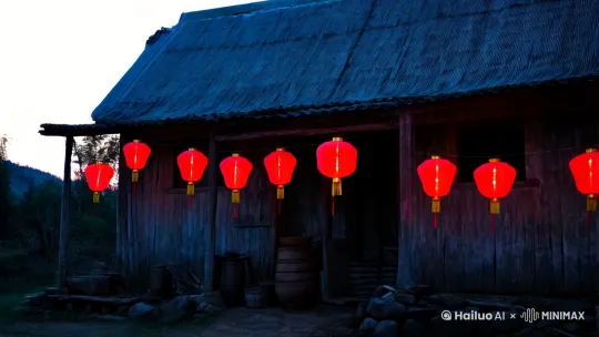 农村老屋，门口挂着红灯笼，桌上摆满年夜饭 by Hailuo AI Video Generator