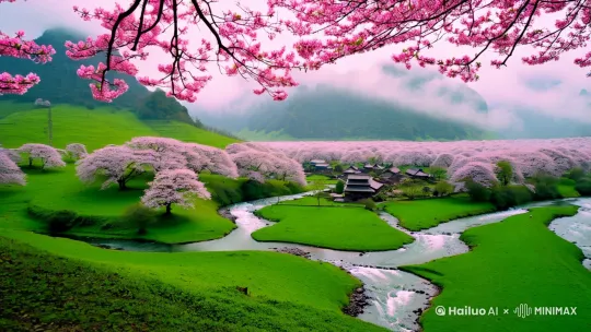 "青山环抱，云雾缭绕；溪水潺潺，桃花盛开。世外桃源，宁静田园，让心灵回归自然的怀抱。〃
这几幅山水画展现了一个幽静的山水世界，山峰重叠，云雾缭绕，水流潺潺，桃花盛开，构成了一幅宁静而美丽的田园景象。画面中心的小村庄，屋舍俨然，周围桃花盛开，宛如仙境，给人以祥和安宁的感觉。
 by Hailuo AI Video Generator