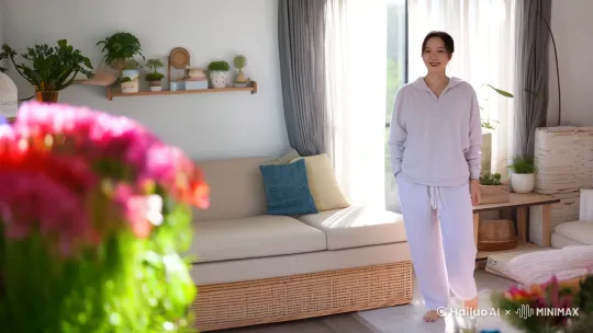 中景拍摄，女人穿着家居服，从客厅走向阳台。温暖的阳光照在花朵上（此处特写拍摄）
拿着喷壶给阳台上摆放的各种花卉浇水。 by Hailuo AI Video Generator