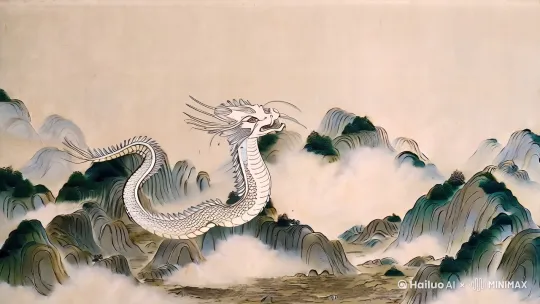 中国古典山水画风,云雾轻纱般缠绕于连绵群山,虚幻白龙于其间穿梭,宛如神话再现。龙身蜿蜒,鳞片闪耀,双眼炯炯有神,透露出威严与灵动。白龙昂首挺胸,摆尾蓄势,猛然喷吐云雾,化作奔腾水流,直冲干涸大地,带来生机与希望。画面采用中国传统水墨渲染,层次分明,留白恰到好处,展现出东方美学的意境与韵味。全景,动态视角,捕捉白龙喷云吐雾的瞬间,展现出磅礴气势与自然和谐共生之美。 by Hailuo AI Video Generator