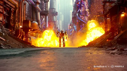 dramatic action scene dynamic camera shot of a transformer robot running down a futuristic dystopian cybersteampunk street avoiding explosions and transforms into a highly advanced supercar to get away atmospheric cinematic hyperreal photorealistic award winning blockbuster movie directed by Michael bay[推进,上升] by Hailuo AI Video Generator