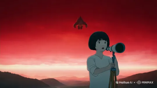 红色的天空，日本少女拿着望远镜观察红色的天空，遥远的天空上倒挂着一个巨大的怪物，给人一种震撼感觉，恐怖绝望的画面，天际线划开。 by Hailuo AI Video Generator