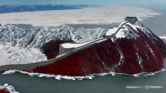 《沁园春·雪》
北国风光，千里冰封，万里雪飘。
望长城内外，惟余莽莽；大河上下，顿失滔滔。
山舞银蛇，原驰蜡象，欲与天公试比高。
须晴日，看红装素裹，分外妖娆。
江山如此多娇，引无数英雄竞折腰。
惜秦皇汉武，略输文采；唐宗宋祖，稍逊风骚。
一代天骄，成吉思汗，只识弯弓射大雕。
俱往矣，数风流人物，还看今朝。 by Hailuo AI Video Generator