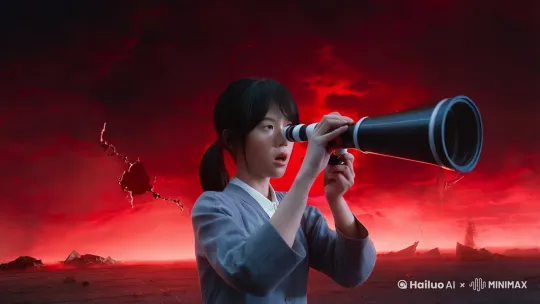 写实风格，真人，红色的天空，日本少女拿着望远镜观察红色的天空，给人一种震撼感觉，恐怖绝望的画面，天际线划开撕裂，最高画质. by Hailuo AI Video Generator