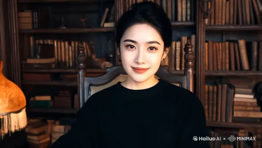 坐在神秘的书房，刚开始正对镜头，上半身全部显示出来，形象甜美，眼神灵动，表情自然，表情不能夸张，有上肢语言，但肢体语言不能太多，头发非常顺畅，黑颜色毛衣。 by Hailuo AI Video Generator