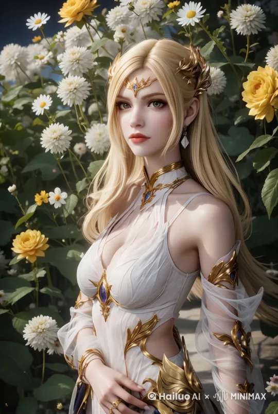 微风吹过花儿飘动，女孩轻轻摸了下发梢 by Hailuo AI Video Generator