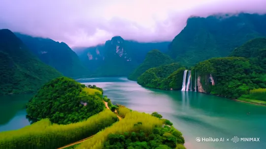 青山绿水，云雾缭绕，竹林小径，飞流瀑布，幽静山谷，险峻山峰，宁静湖泊，晨曦薄雾，夕阳余晖。 by Hailuo AI Video Generator