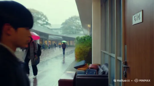 
依旧下着小雨，江城大学开学季，洛野先来到了教师公寓。
看着眼前614的房⻔，洛野轻轻地敲了敲，没有回应，然后他又敲了敲，还是没有。
犹豫片刻，洛野拿出钥匙，打开了房门。自己昨晚留在这里的行李箱还放在客厅中 by Hailuo AI Video Generator