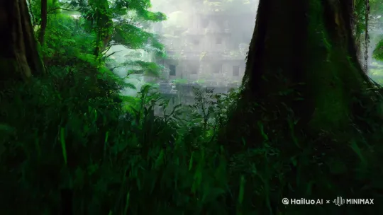镜头穿过茂密的丛林深处，薄雾笼罩着整个场景，树影在雾中扭曲变形。镜头前退, 露出一座隐藏在丛林深处的废弃寺庙，镜头缓缓上移，露出寺庙的全貌 。画面比例9:16,风格为新海诚动漫风 by Hailuo AI Video Generator