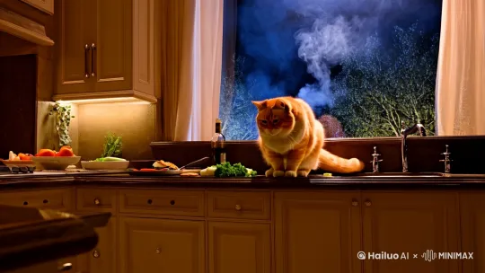 傍晚，肥胖的橘猫在一个别墅里边切菜做饭，大片效果，镜头从远处拉近，窗外炊烟袅袅，树叶斑驳 by Hailuo AI Video Generator
