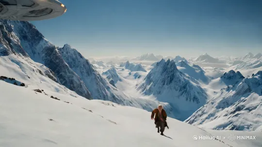 从高处广角俯视到近景，一个远古人在雪山狩猎，发现一艘未来科技化飞行器被卡在海拔5000米，白雪覆盖的山间，他奔走过去，刚接近飞行器就变成了高大的拿着先进武器的机器人，男人开始奔跑，机器人全身发出蓝色激光，开始追逐奔跑的男人，男人跑到悬崖边看无路可走，便转变发出红色火焰，变成巨大的未来战士，手握发红光的长剑与机器人开始了大战，从白开打到了晚上 by Hailuo AI Video Generator