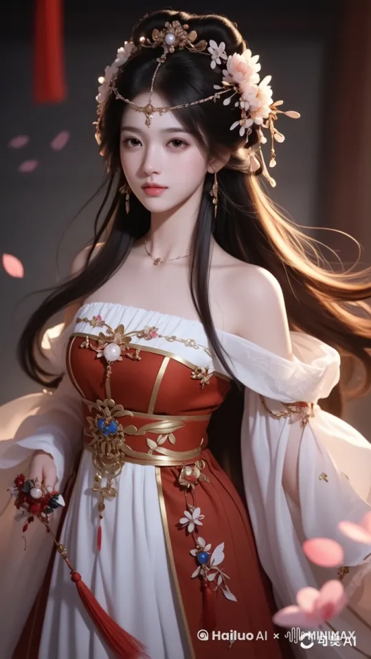 头发飘逸  花瓣   风吹  by Hailuo AI Video Generator