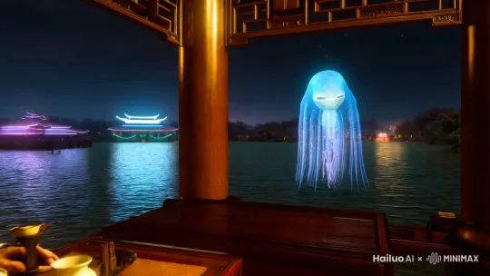 科幻短片分镜脚本《茶叙星河#场景:2090年杭州西湖畔,融合宋代建筑风格与未来科技的茶室色调：室内暖金色调+窗外冷色霓虹光效服化道:老者着月白真丝长衫,外星人呈半透明水母状生物形态 by Hailuo AI Video Generator