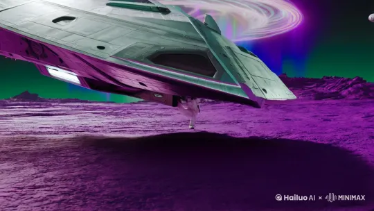 全景，宇宙飞船缓缓降落在神秘星球，舱门打开。人物是宇航员，身着白色宇航服，头盔面罩反射着星球奇异光芒，身姿挺拔，步伐沉稳。场景方面，神秘星球表面呈现紫色岩石，远处有巨大气态漩涡，天空中有多个奇异卫星。 by Hailuo AI Video Generator