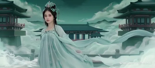 镜头环绕，仙境飘飘，女生忧郁的表情环顾四周 by Hailuo AI Video Generator