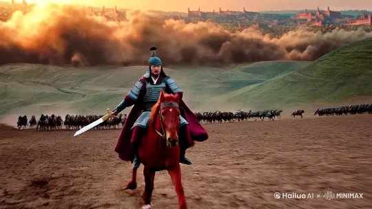 唐太宗李世民拿着方天画戟，骑着赤兔马攻打徐州 by Hailuo AI Video Generator