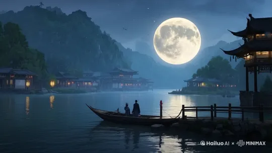 月亮下沉，湖水荡漾，镜头向右移动 by Hailuo AI Video Generator