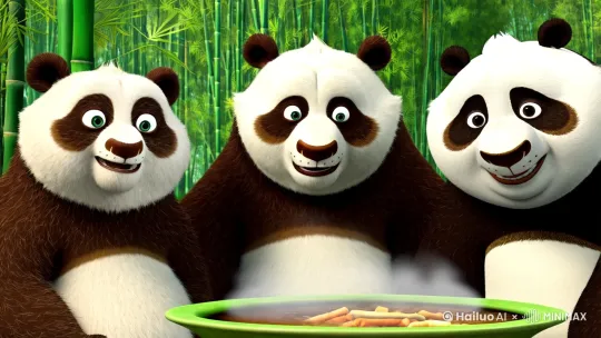 3个可爱的熊猫围在一起吃火锅🍲 by Hailuo AI Video Generator