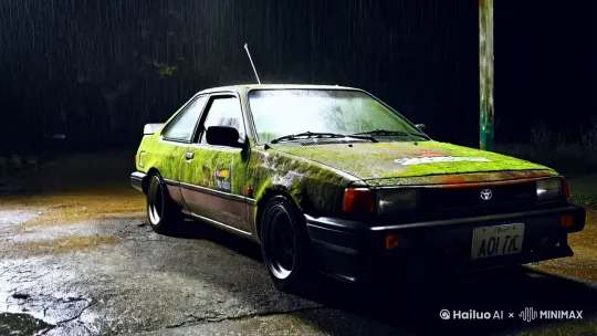 [固定镜头]雨夜，[拉远]有一辆长满青苔和锈斑的车窗破裂的Toyota Corolla AE86停在破损的车库 by Hailuo AI Video Generator