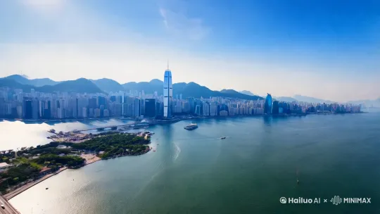远景，俯瞰维多利亚湾，镜头推近由维多利亚湾快速转到港珠澳大桥，镜头拉高远景俯瞰港珠澳口岸城，镜头推近口岸城并快速略过海岸线，远景看到新葡京酒店，镜头拉近由高到低至酒店门口，快速拉近镜头进入博彩区域，镜头推近至牌桌看到一大堆筹码，镜头拉远回酒店上空看到口岸岛，镜头迅速拉近至口岸岛 by Hailuo AI Video Generator