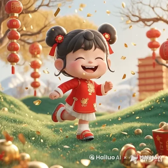 画面中的小女孩快乐的向前奔跑，天空在撒着零碎金色的碎屑，随着小女孩向前奔跑背景场景也在延伸移动 by Hailuo AI Video Generator