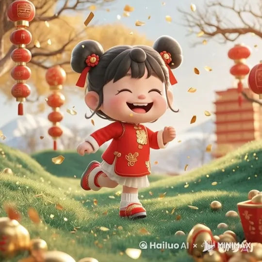 画面中的小女孩快乐的侧身向前奔跑，随着小女孩奔跑，她脸上的表情也在变换，很开心，天空在撒着零碎金色的碎屑，随着小女孩侧身向前奔跑背景场景也在延伸移动 by Hailuo AI Video Generator
