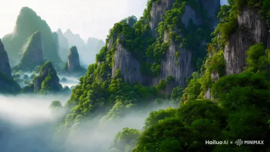 云雾缭绕间，植被繁茂的奇峻山峰拔地而起，水墨淡雅色调，风格空灵缥缈，仿若仙境。。透视感，画面真实自然唯美，视觉中国大师级光影效果。反向词：动画、模糊、变形、毁容、低质量、拼贴、粒状、标志、抽象、插图、计算机生成、扭曲。 by Hailuo AI Video Generator