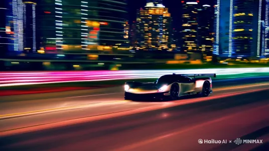 [左移,跟随]在在充满灯光的城市夜晚，一辆银色赛车疾驰 by Hailuo AI Video Generator