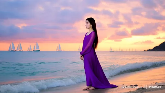 场景设定：夕阳西下的海边，天空被橙红色和紫色的晚霞染色。海面波光粼粼，远处有帆船点缀。


人物：


少女：典型的中国美女，瓜子脸、柳叶眉，穿着得体紫色长裙，长发飘逸，站在沙滩上。
站姿：面向大海，背影挺拔而婀娜。
动态元素：


海风吹动少女的长发和裙摆，营造出自然流畅的飘逸感。
海浪轻轻拍打岸边，水花四溅。
天空中的云彩随夕阳变化，颜色逐渐加深，增添画面层次感。
镜头运用：


开始于远景：夕阳、海面和沙滩的全景。
中景：逐渐拉近到少女的全身，展示她的姿态和表情。
近景：聚焦于少女的脸部，捕捉她的眼神和细微表情变化。
氛围营造：


使用柔和的光线和温暖色调（橙色、红色为主），突出夕阳的美感。
背景音乐轻柔悠扬，带有海浪声效，增强画面的宁静与浪漫感。
时间控制：视频时长10秒，节奏缓慢而优雅，镜头从远景到近景逐渐推进，配合光线和音乐的变化，营造出一种静谧而美好的氛围。[左摇,上升,拉远]
 by Hailuo AI Video Generator