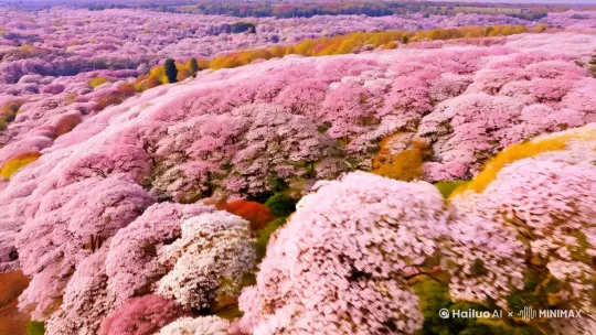生成一段无人机航拍穿越樱花林中，特写蜂蜜采樱花蜜的情景 by Hailuo AI Video Generator