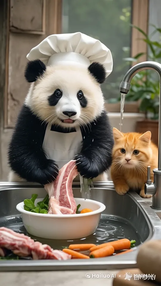 熊猫认真洗肉，笑眯眯的，憨厚可爱，猫咪在旁边舔熊猫手臂 by Hailuo AI Video Generator