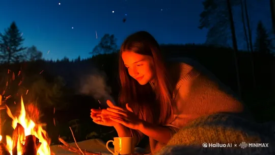 夜幕低垂，深蓝色的天空像一块柔软的丝绒，点缀着几颗闪烁的星星。篝火在黑暗中跳动，橙红色的火焰像一只温暖的手，轻轻抚摸着周围的空气。火光映照在女孩的脸上，她的轮廓被柔和的光线勾勒得格外清晰。她微微低着头，长发随意地披在肩上，发梢被火光染上了一层淡淡的金色。

女孩穿着一件宽松的毛衣，袖子稍稍卷起，露出纤细的手腕。她的双手伸向篝火，指尖在火焰的温暖中轻轻舒展，仿佛在感受着每一丝热度的流动。火光在她的眼眸中跳动，像是点燃了某种深邃的思绪。她的眼神有些迷离，似乎沉浸在回忆或幻想中，嘴角微微上扬，带着一丝若有若无的笑意。

篝火旁的地上铺着一块粗糙的毛毯，毯子上散落着几根干树枝和一只装满热茶的马克杯。杯口冒着淡淡的热气，茶香混合着木柴燃烧的气息，弥漫在空气中。女孩的膝盖上搭着一条厚厚的披肩，随着她的呼吸轻轻起伏，仿佛与火焰的节奏同步。

周围是一片静谧的森林，偶尔传来几声虫鸣或远处树叶的沙沙声。篝火的噼啪声成了夜晚的主旋律，像是为这个画面配上了一首温暖的背景音乐。女孩的身影在火光中显得格外孤独，却又充满了一种宁静的力量，仿佛她与这片天地融为一体。[左移,上升] by Hailuo AI Video Generator