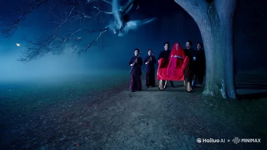 ## 《夜嫁》

我从未见过如此诡异的婚礼。

唢呐声在深夜里响起，尖锐刺耳，像是要把人的耳膜撕裂。我躲在老槐树后，看着那支送亲的队伍从浓雾中缓缓走来。

八个人抬着大红花轿，脚步整齐划一，却轻得听不见一丝声响。轿帘被夜风吹起一角，我看见了新娘——她穿着大红嫁衣，盖着红盖头，双手交叠放在膝上，一动不动。

月光惨白，照得她的手指泛着青灰色。

送亲的队伍从我面前经过，我屏住呼吸，生怕被发现。就在这时，一阵阴风突然刮过，掀起了新娘的盖头。

我看见了她的脸。

那是一张惨白的脸，嘴唇却红得发黑，眼睛紧闭着，睫毛在脸上投下深深的阴影。最可怕的是，她的嘴角微微上扬，像是在笑。

我的心跳几乎停止，后背已经被冷汗浸透。那笑容让我想起了三天前死去的王寡妇，她被发现时也是这样笑着的。

送亲的队伍继续向前，我鬼使神差地跟了上去。他们穿过荒废的祠堂，绕过枯井，最后停在了村西头的老宅前。

那宅子已经荒废多年，门前的石狮子歪倒在杂草中。可今晚，大门上却贴着崭新的喜字，门框上挂着红灯笼，里面燃着幽绿的烛火。

一个穿着长衫的男人站在门口，背对着我。他接过新娘的手，将她扶下轿子。新娘的脚上穿着绣花鞋，鞋尖上缀着两颗铃铛，却一点声音都没有。

我躲在墙角的阴影里，看着他们走进宅子。大门"吱呀"一声关上，我听见里面传来司仪的声音："一拜天地——"

就在这时，我闻到了一股浓重的血腥味。

月光突然变得血红，我抬头看去，发现月亮不知何时变成了一个巨大的血球。宅子里的红灯笼剧烈摇晃，烛火变成了幽蓝色。

"二拜高堂——"

我听见了哭声，像是从地底传来，又像是从四面八方涌来。那哭声越来越响，夹杂着尖笑，震得我耳膜生疼。

"夫妻对拜——"

突然，所有的声音都消失了。死一般的寂静中，我听见了脚步声，正朝着大门走来。

我想跑，却发现双脚像是生了根。大门缓缓打开，我看见新娘站在门口，盖头已经掀开，她的眼睛睁开了，正死死地盯着我。

她的眼睛是纯黑色的，没有一丝眼白。

"你来了。"她笑着说，声音像是从很远的地方传来，"来参加我的婚礼吧。"

我想尖叫，却发不出声音。我看见她的身后，那个新郎转过身来——他没有脸，只有一张血盆大口，正对着我笑。

这时我才发现，送亲的八个人，全都穿着寿衣。

（画面定格在新娘诡异的笑容上，音乐戛然而止） by Hailuo AI Video Generator