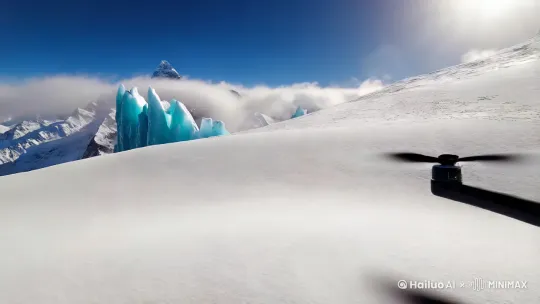 镜头以低角度仰拍启动，无人机穿越覆盖厚厚积雪的山脊，螺旋桨卷雪起的雾在阳光下形成晶莹的粒子效果。随着飞行器以45°仰角平稳抬升，镜头逐渐展现绵延不绝的雪原山脉，冰川裂隙在晨光泛中着幽蓝光泽。当飞行高度突破云层时，采用环绕运镜呈现峰雪群貌的全，AI智能渲染的流云动态模拟真实大气运动，阳光穿透云隙形成丁达尔光效。在保持0.m8/s前飞速度的同时，通过变焦镜头同步捕捉近处冰塔的结晶纹理与远处群山的磅礴轮廓，最终以俯冲视角完成从8848米模拟海拔峡谷到底部的叙事空间，雪崩粒子特效由AI物理引擎实时生成。 by Hailuo AI Video Generator