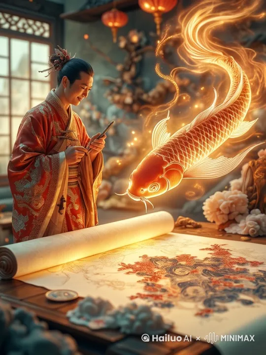 鱼儿在空中游动，男人在笑 by Hailuo AI Video Generator