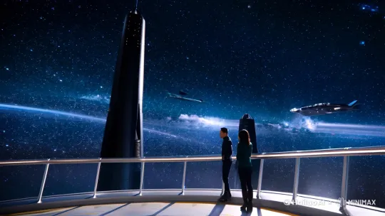 全景 黑塔空间站的观景台，星空璀璨，大黑塔和阮梅凭栏而立，远处的宇宙飞船穿梭往来。 大黑塔：（满脸得意，双手叉腰）怎么样，我这黑塔空间站的景色还不错吧？ 角色是崩坏星穹铁道的大黑塔和阮梅。 by Hailuo AI Video Generator