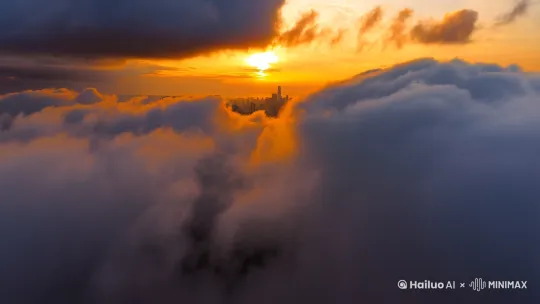 向下穿过厚厚的云层，看到夕阳下的城市风景[变焦推进] by Hailuo AI Video Generator