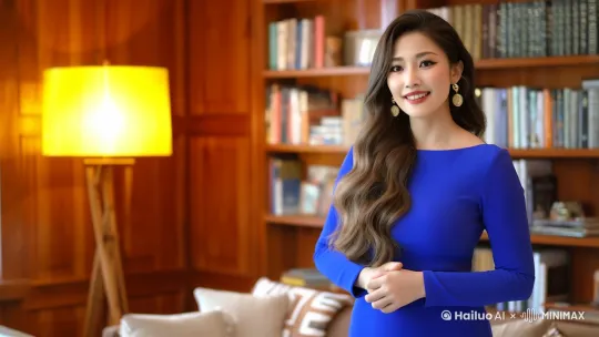 一位身着简约修身养性蓝色连衣裙的知性女性，站在布置温馨的客厅里，背后是一排摆满书籍的木质书架，暖黄色的落地灯散发着柔和的光晕。她站姿优雅，双手自然交叠放在腿上，眼神专注又温和，正对着镜头娓娓道来，镜头从侧面缓缓推近，营造出一种亲切的交谈氛围，画面整体色调温馨、舒适 。 by Hailuo AI Video Generator