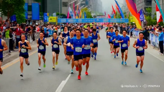 多人穿团体职业装服装，跑马拉松 by Hailuo AI Video Generator