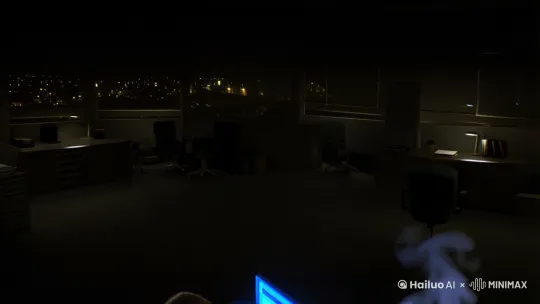场景: 深夜办公室全景俯拍镜头，窗外漆黑只有零星路灯，镜头缓缓推进到工位
元素: 扎马尾女生趴在键盘前，电脑蓝光照亮疲惫的脸，咖啡杯飘着热气
细节: 特写电脑屏幕显示时间02:17，PPT进度条3/15页
特效: 屏幕蓝光在女生脸上闪烁，眼袋处添加动态阴影[左摇,变焦推进] by Hailuo AI Video Generator